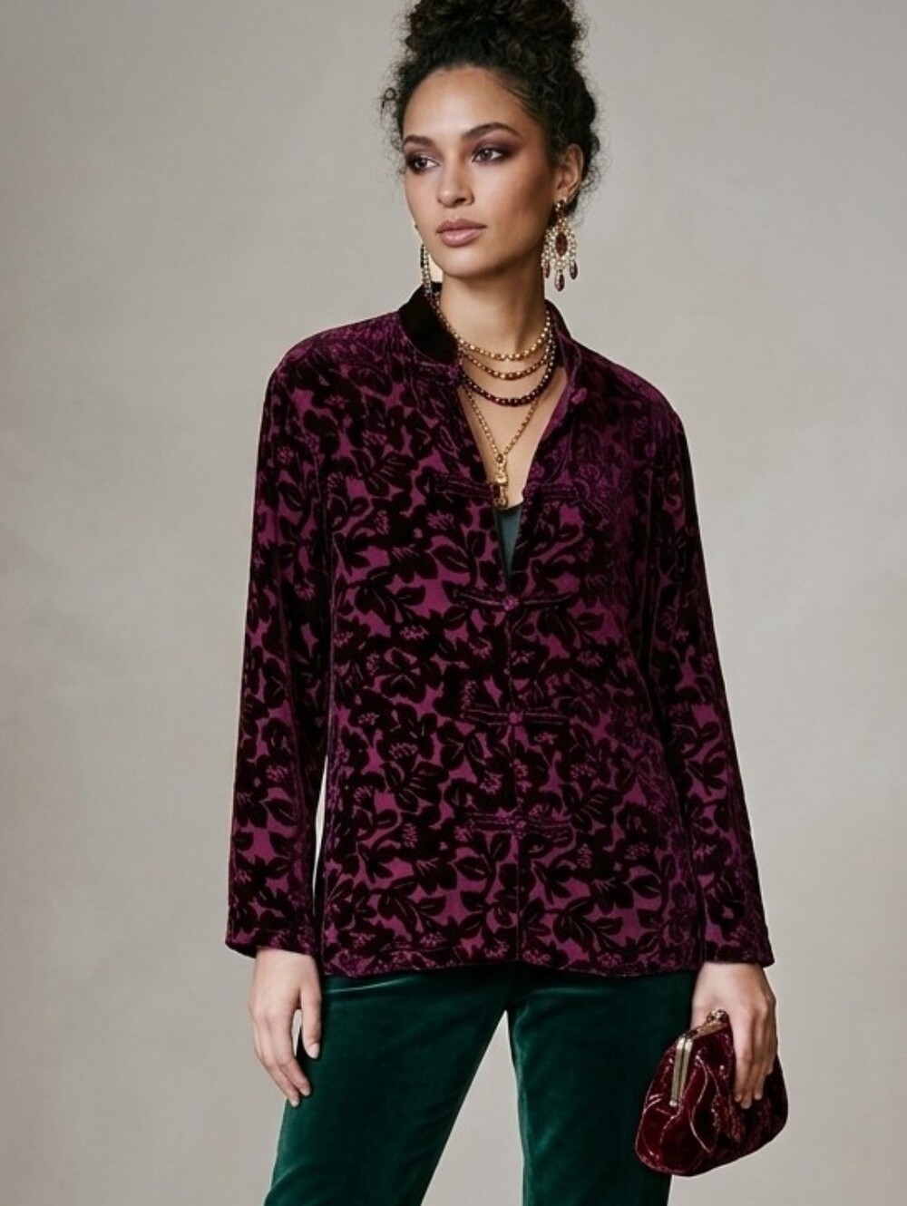 Burgundy Velvet Burnout Blouse Floral Design Asian Inspired Mandarin Collar - Picture 2 of 10